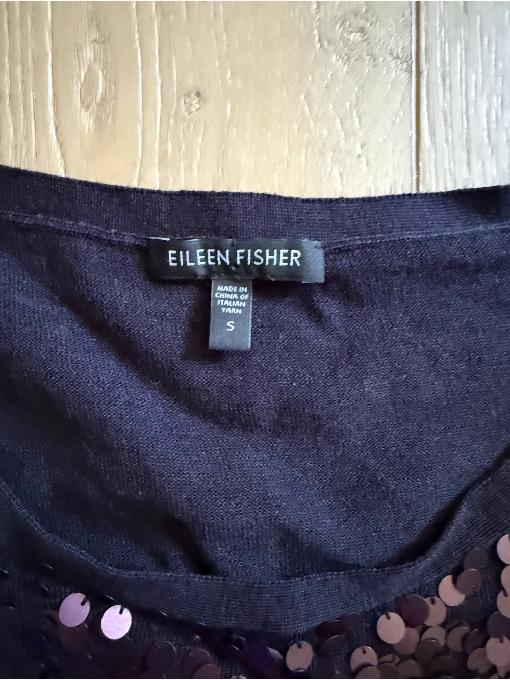 EILEEN FISHER shell sweater tank top deep purple merino wool sequins Size Small - Picture 3 of 5